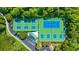 Aerial view of well-maintained community tennis and pickleball courts surrounded by mature trees at 5825 Catalina Dr. # 523, North Myrtle Beach, SC 29582