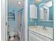 Bathroom featuring light blue walls, a shower with a tub, tile floors, and a white vanity with a mirror at 5905 S Kings Highway # 1106, Myrtle Beach, SC 29575