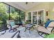 Inviting screened porch featuring comfortable seating, a ceiling fan, and tranquil views of the backyard at 628 Grand Cypress Way, Murrells Inlet, SC 29576