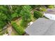 Aerial view of a fenced backyard with lush lawn, mature trees, and patio area at 106 Cypress Creek Dr., Murrells Inlet, SC 29576