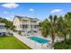 Stunning aerial view of a home with a backyard pool and lush landscaping in a desirable neighborhood at 213 South Myrtle Dr., Surfside Beach, SC 29575
