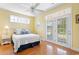 Inviting bedroom features hardwood floors and access to a private balcony through elegant French doors at 213 South Myrtle Dr., Surfside Beach, SC 29575