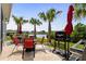Outdoor patio featuring palm trees, a grill, and outdoor seating overlooking a scenic lake at 379 Mikita Dr., Surfside Beach, SC 29575