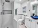 Bathroom featuring glass enclosed shower, modern vanity, and decorative blue accents at 5114 Cowart Ct., Murrells Inlet, SC 29576