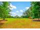 Picturesque green home with a red storage building on a large lot surrounded by lush greenery and mature trees at 1013 Happy Ln., Galivants Ferry, SC 29544