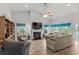 Comfortable living room featuring a fireplace, large windows, and a spacious layout perfect for relaxation and entertaining at 1833 Lake Egret Dr., North Myrtle Beach, SC 29582