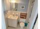 Small bathroom with classic white tile, wicker shelf, and blue accents at 2204 South Perrin Dr. # 29, North Myrtle Beach, SC 29582