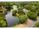 Scenic aerial view of a lakeside home, showcasing the lush landscape and peaceful waterfront at 95 Sanderling Ave., Georgetown, SC 29440