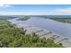 Panoramic aerial view capturing serene riverfront with boat docks surrounded by lush greenery at 124 Wicklow Way, Pawleys Island, SC 29585