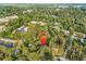 Aerial view of the neighborhood highlighting mature trees and surrounding homes at 1305 Forest View Rd., Conway, SC 29526