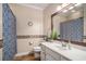 Bathroom featuring a mosaic-tile accent wall, vanity and designer shower curtain at 2060 Woodburn Dr., Myrtle Beach, SC 29579
