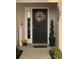 Inviting front door with seasonal wreath, complemented by potted plants and a charming welcome sign at 387 Blue Rock Dr., Longs, SC 29568