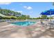 Community pool with blue umbrellas, lounge chairs, and clear water on a sunny day at 396 Mckendree Ln., Myrtle Beach, SC 29579