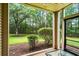 View from screened patio that overlooks the lawn and mature trees at 562 Blue Stem Dr. # 54-F, Pawleys Island, SC 29585