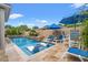 Beautiful backyard pool featuring built in tanning lounges and blue umbrella at 7545 Ventura Ct., Myrtle Beach, SC 29572