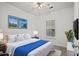 Stylish bedroom with bright, blue accents, a decorative headboard, and a comfortable queen-sized bed at 1302 River Oak Dr. # 4B, Myrtle Beach, SC 29579