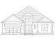 Detailed black-and-white rendering of a charming home showcasing a two-car garage and symmetrical design at 2104 Clematis Ct., Myrtle Beach, SC 29579