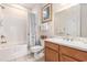 Bathroom with tile floors, shower/tub and wood cabinet vanity at 2180 Waterview Dr. # 1036, North Myrtle Beach, SC 29582