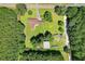 Aerial view of entire property layout, showing home, outbuilding, vehicles and wooded boundaries at 308 Old Stage Rd., Mullins, SC 29574