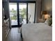 Primary suite features a comfy bed, pool views, and a sliding glass door to balcony at 371 S Dunes Dr., Pawleys Island, SC 29585