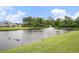 Scenic view of a community pond with a fountain and wildlife, framed by lush landscaping at 1807 Berkley Village Loop, Myrtle Beach, SC 29579