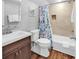 Cozy bathroom offers a shower-tub combo and sea-themed shower curtain at 213 Westleton Dr. # 16-D, Myrtle Beach, SC 29572