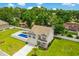 An aerial view showing a home with a backyard pool and a white fence in a lush community at 547 Pacific Commons Dr., Surfside Beach, SC 29575