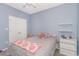 A comfortable bedroom with light blue walls, plush carpet flooring, and a convenient built-in shelving unit at 2060 Cross Gate Blvd. # 102, Surfside Beach, SC 29575