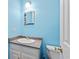 Small, well-lit powder room with light blue walls, white cabinets, and modern fixtures at 6001- P16A S Kings Highway, Myrtle Beach, SC 29575