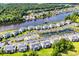 Wide aerial shot featuring a river, community tennis court, pond with fountain, manicured landscaping, and parking at 627 Waterway Village Blvd. # 8E, Myrtle Beach, SC 29579