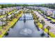 Aerial shot showcasing a water feature with fountain and bridge, palm trees, and community parking at 627 Waterway Village Blvd. # 8E, Myrtle Beach, SC 29579