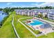Aerial view of a community pool featuring lounge chairs, umbrellas, hot tub, and well maintained landscaping at 627 Waterway Village Blvd. # 8E, Myrtle Beach, SC 29579
