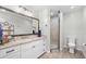 Elegant bathroom featuring a granite countertop, white cabinets, and a modern glass shower at 103 Wofford Ln., Conway, SC 29526