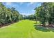 Scenic aerial view of a lush green golf course lined with mature trees at 139 Olde Canal Loop, Pawleys Island, SC 29585