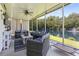 Relaxing screened porch with comfortable seating and a beautiful view of the pond and fountain at 236 Palm Cove Circle, Myrtle Beach, SC 29588