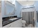 Updated bathroom featuring a shower, vanity with black countertop, large mirror, and gray walls at 2885 Desert Rose St., Little River, SC 29566