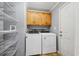 Functional laundry room featuring a washer, dryer, storage cabinets, and convenient wire shelving at 333 Walden Lake Rd., Conway, SC 29526