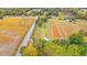 Scenic aerial view showcasing a house surrounded by agricultural land, trees, and a nearby road at 3930 West Marion St., Mullins, SC 29574