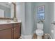 Stylish powder room with modern fixtures, a decorative mirror, and elegant wall art at 700 Shell Point Ct., Longs, SC 29568