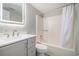 Bathroom featuring vanity with LED mirror, gray shaker cabinets, toilet and shower/tub combo at 1500 Cenith Dr. # B-403, North Myrtle Beach, SC 29582