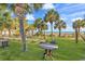 Seaside lawn area furnished with picnic tables, lounge chairs, and palm trees at 2300 N Ocean Blvd. # 132, Myrtle Beach, SC 29577