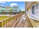 Wooden porch with rocking chairs overlooking a green lawn and colorful beach houses at 121 Easy St., Garden City Beach, SC 29576