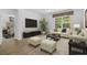 Bright living room with large window, neutral furniture, and modern decor with a glimpse into the primary bedroom at 124 Castaway Key Dr., Pawleys Island, SC 29585
