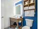 Modern bathroom with well-lit vanity, plenty of towels, and attractive blue accent wall at 3000 N Ocean Blvd. # 209, Myrtle Beach, SC 29577