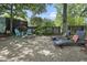 Backyard features lounge chairs, blue Adirondack chairs, a fire pit and privacy fence at 520 13Th Ave. N, Surfside Beach, SC 29575