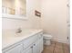 Compact bathroom featuring a toilet, single vanity, and mirror, designed for functionality and convenience at 611 N Ocean Blvd., Surfside Beach, SC 29575