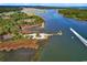 Scenic aerial shot of community waterfront featuring a boat launch and tennis courts at 2196 Liberty Circle, Little River, SC 29566