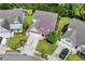 An aerial perspective showcases the property's manicured lawn, charming curb appeal, and neighborhood at 2199 Birchwood Circle, Myrtle Beach, SC 29577