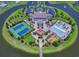 Aerial view of a luxurious community center, showcasing tennis courts, a pool, clubhouse, playground, and meticulously landscaped grounds at 496 West Palm Dr., Myrtle Beach, SC 29579