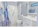 A well-lit bathroom featuring a bathtub-shower combo and white vanity at 5905 South Kings Hwy. # A337, Myrtle Beach, SC 29575